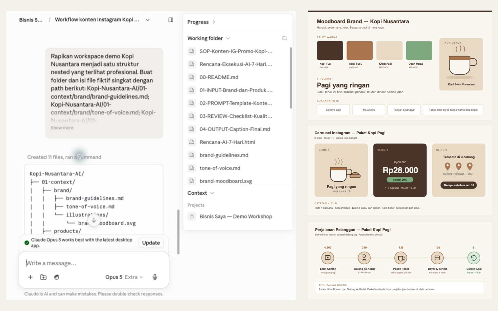 Claude Cowork menampilkan struktur folder bertingkat untuk context, prompt, workflow, reporting, serta ilustrasi moodboard, carousel, dan perjalanan pelanggan.
