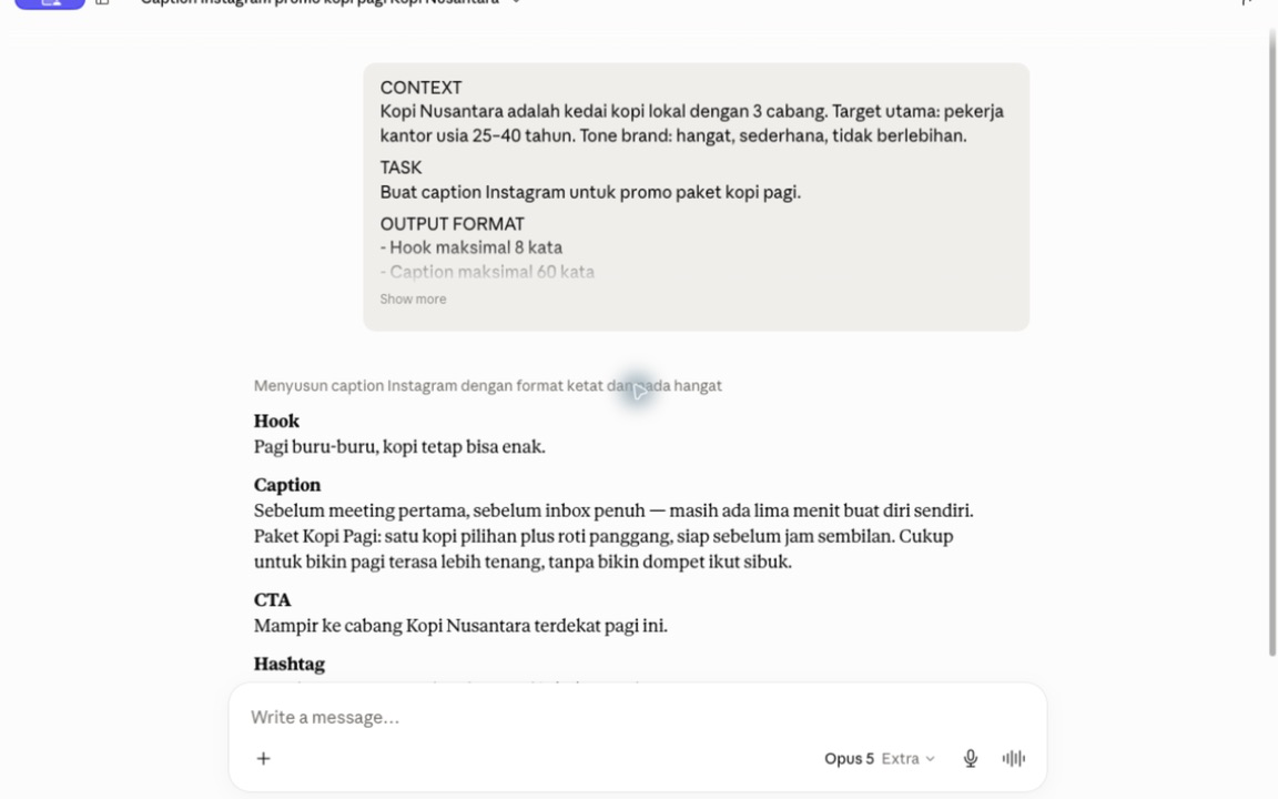 Claude mengolah prompt berisi konteks, tugas, format output, dan contoh menjadi caption Instagram yang terstruktur.